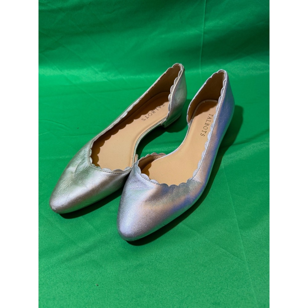 Talbots Metallic Silver Scalloped D'Orsay Pointed Toe Flats Shoes Womens 8.5M